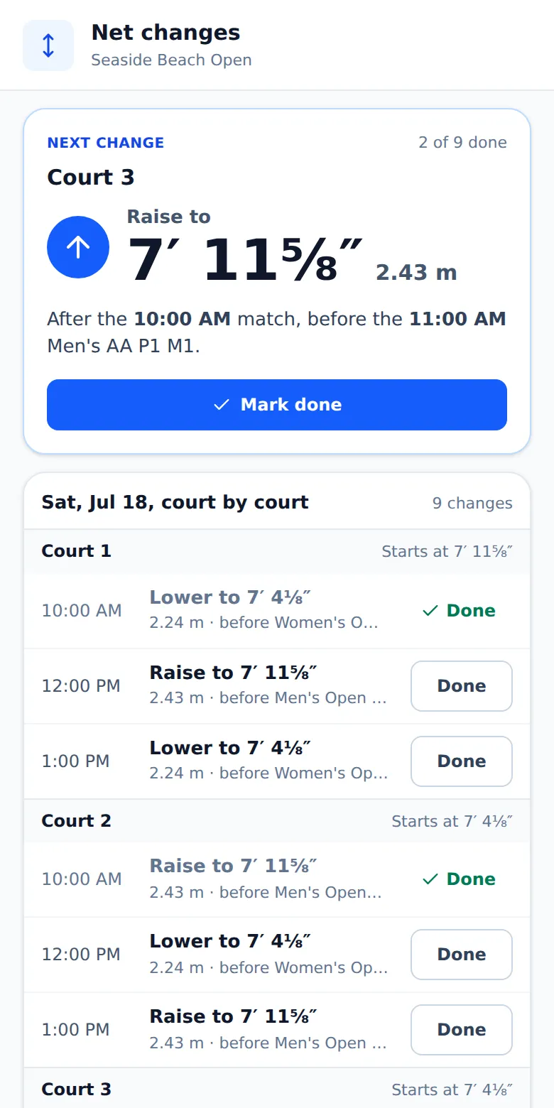 The net crew's page on a phone: the next change is court 3, raise to 7 feet 11 5/8 inches (2.43 m) after the 10:00 AM match, with a Mark done button, and the day's changes listed court by court below, two already done.