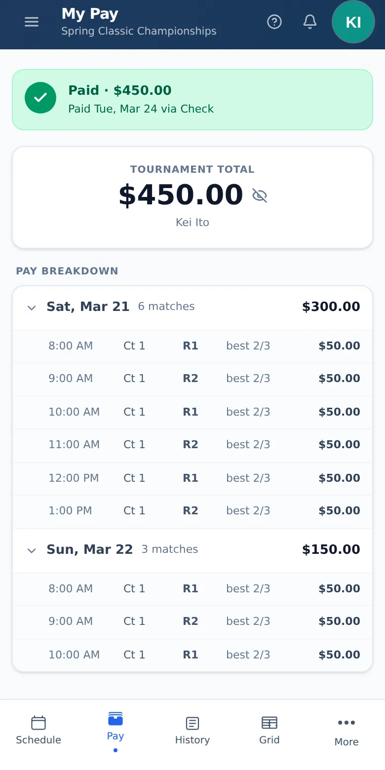 The same official's pay: $450.00 for the weekend, marked paid by check, with every match and its rate listed by day.