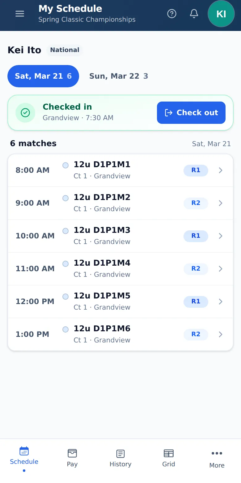 An official's phone: checked in at 7:30 AM with a Check out button, and today's six matches on court 1 in one list, each showing the time, court, and position.
