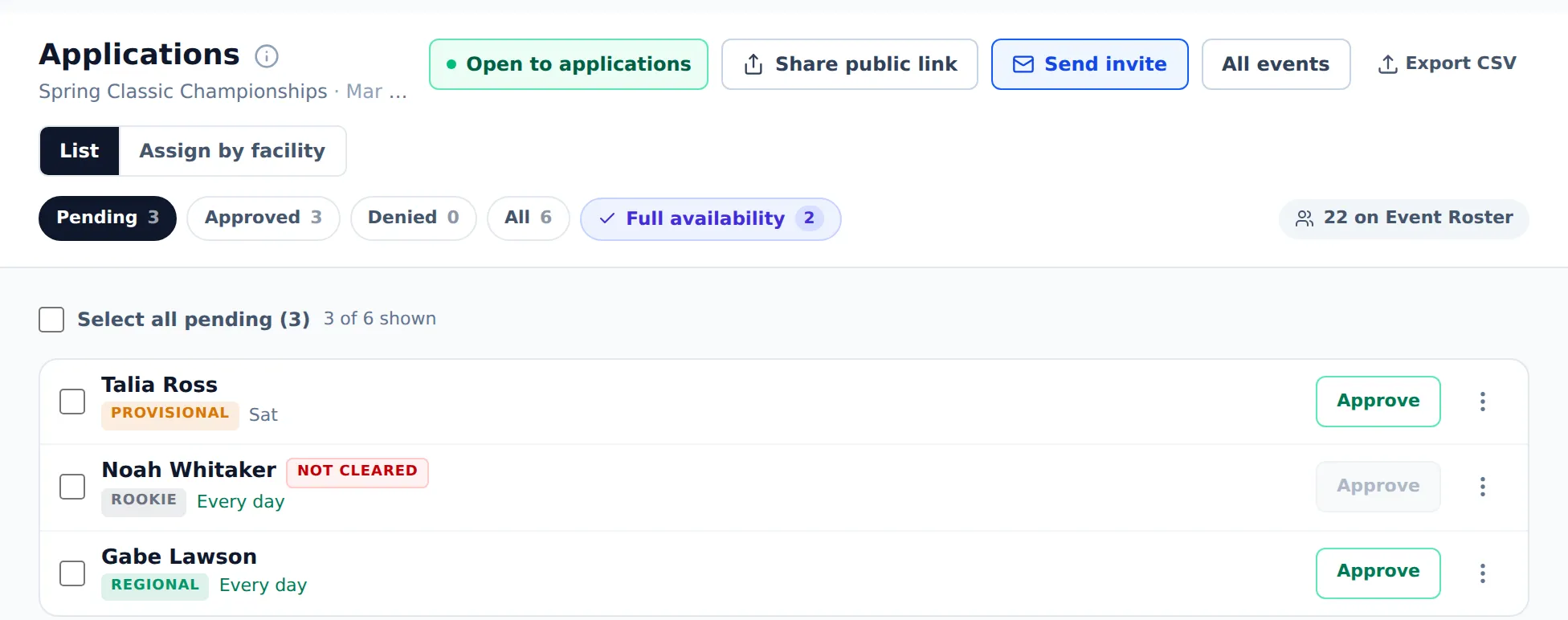 The Applications page: three officials waiting for approval, one row each with their rating, the days they can work, and an Approve button. One is marked Not cleared, so their Approve button is off.