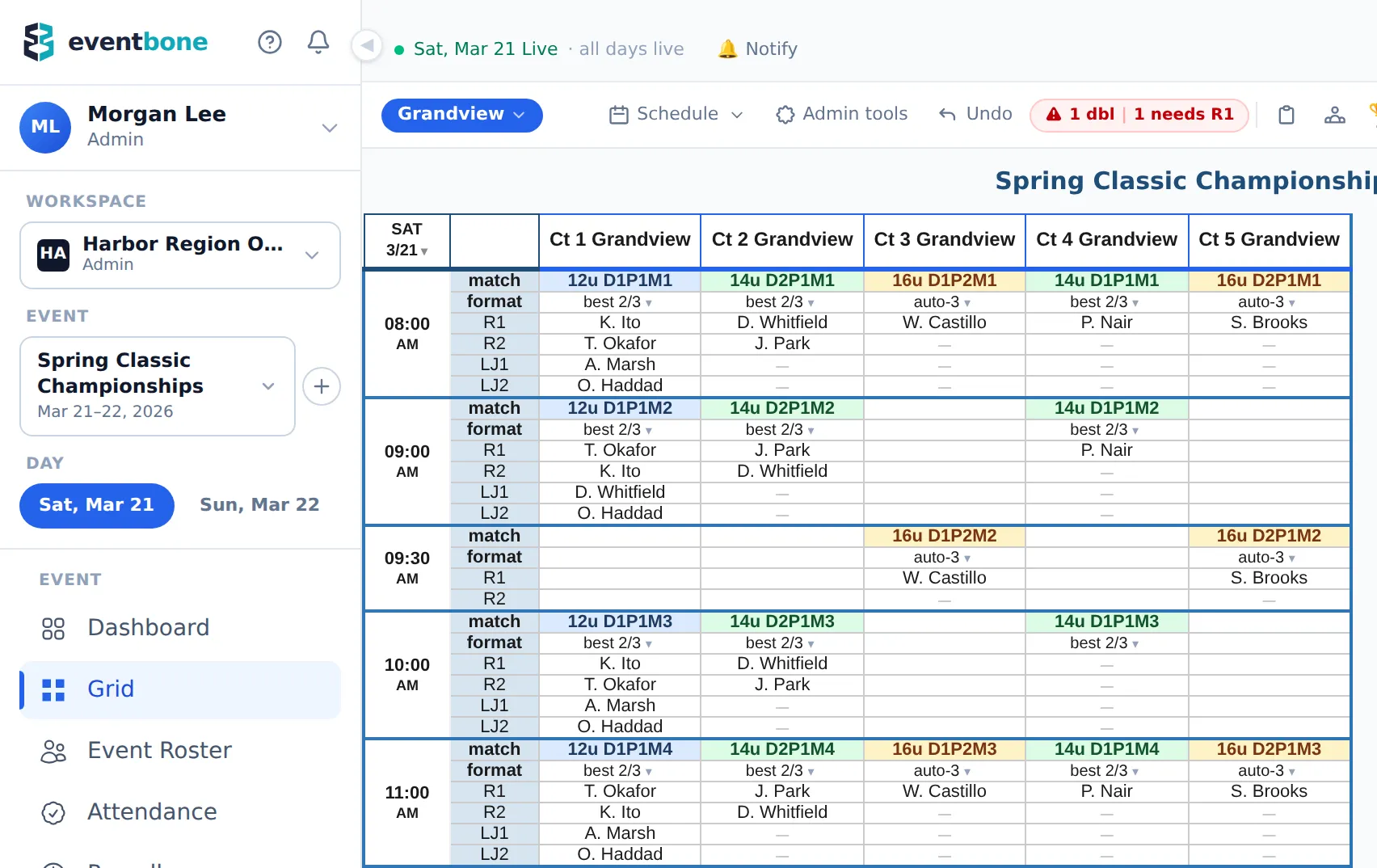 The Eventbone officials schedule for a sample tournament: five courts across the top, match times down the side, and the referees and line judges assigned to each match.