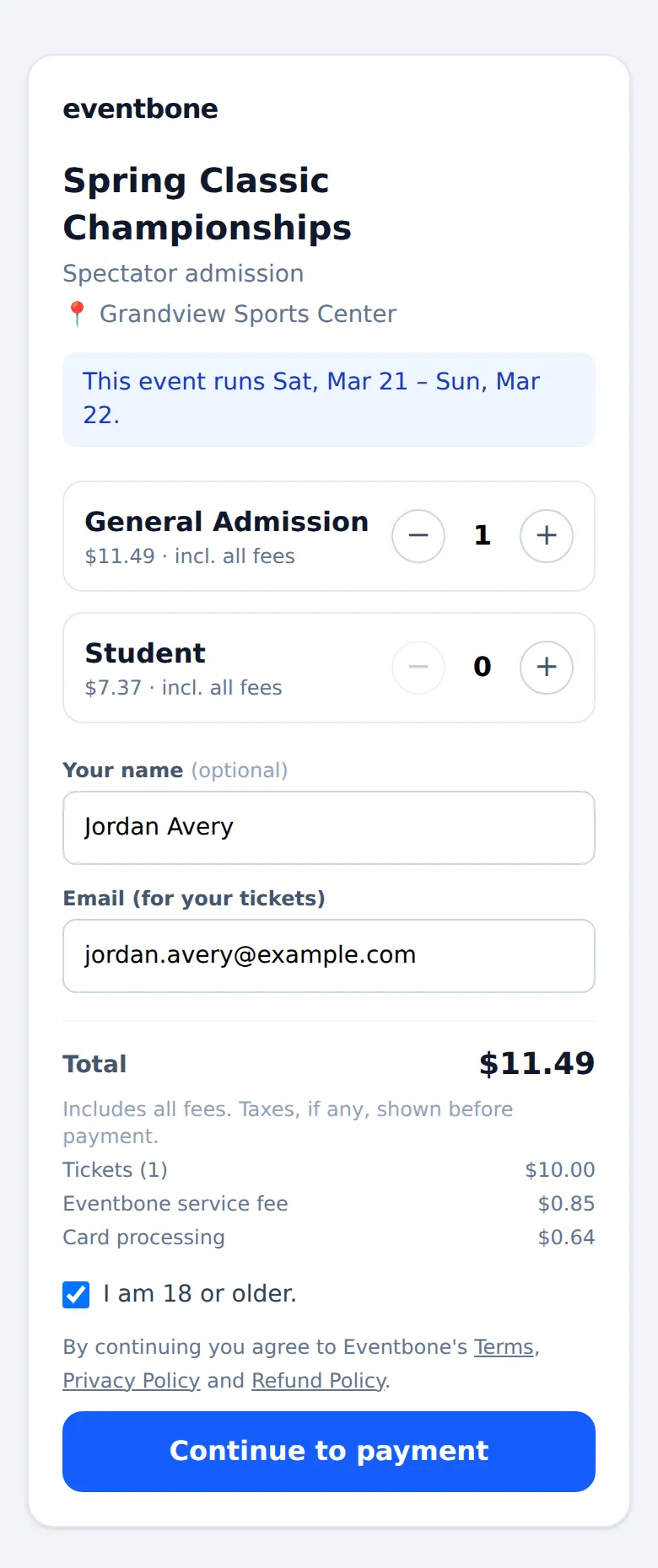 The public buy page on a phone: one General Admission ticket picked at $11.49 with all fees included, the $10.00 ticket, the $0.85 service fee, and $0.64 card processing listed under the total, and a Continue to payment button.