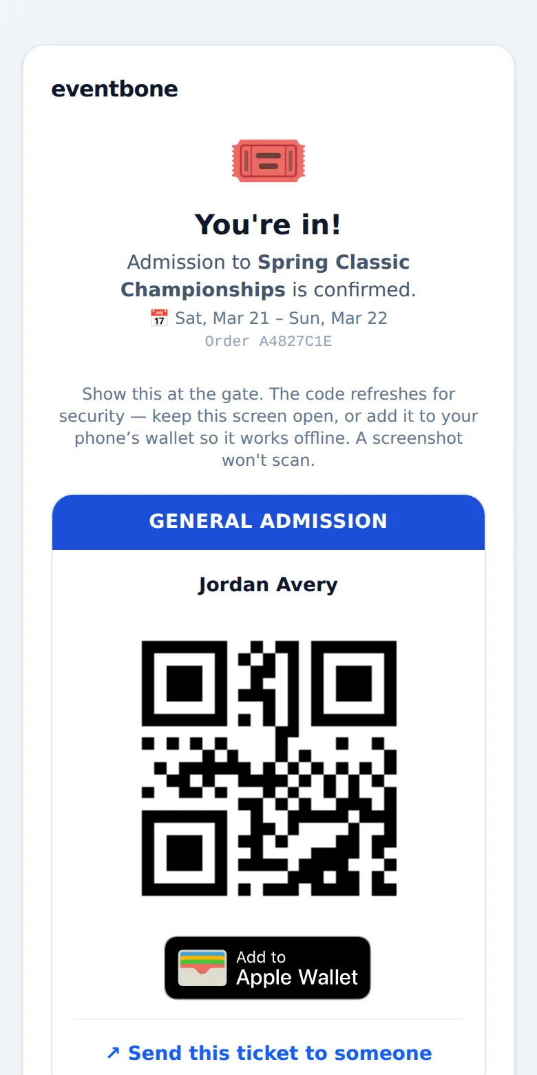 A spectator's ticket on a phone, with a QR code and an Add to Apple Wallet button.